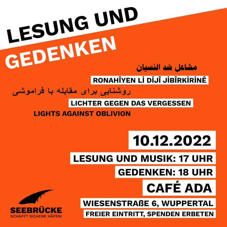 Lichter gegen das Vergessen am 10.12.2022 Lesung und Musik um 17 Uhr im Cafe Ada (Wiesenstraße 6)