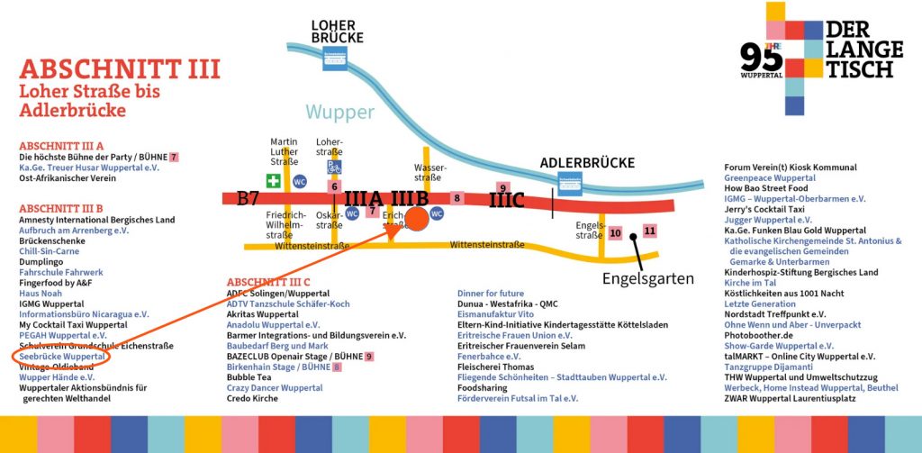 Lageplan des Langen Tisches, Abschnitt 3. Der Tisch der Seebrücke ist gegenüber der Wasserstraße, ungefähr vor dem Haus Friedrich-Engels-Allee 330